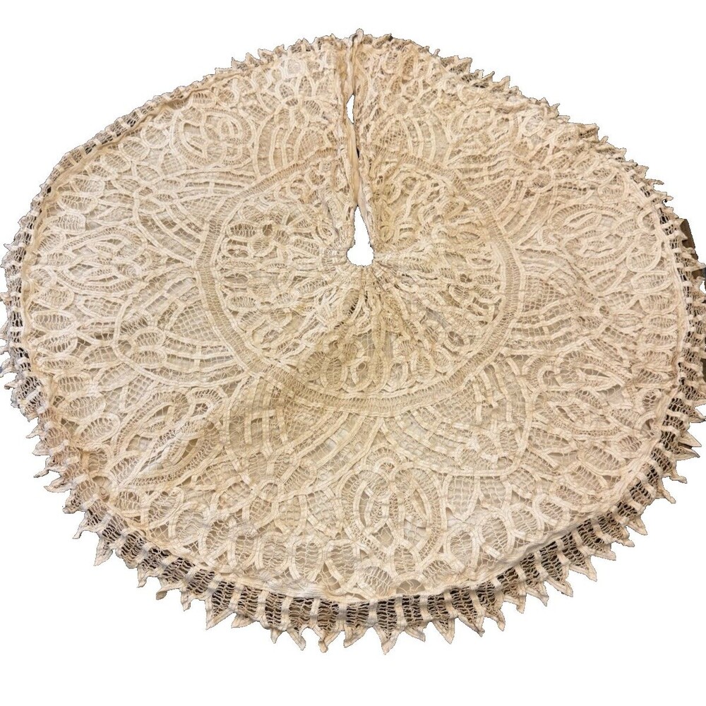 Vintage Victorian Ecru Lace Christmas Tree Skirt 42" Holiday Grandmacore Round
